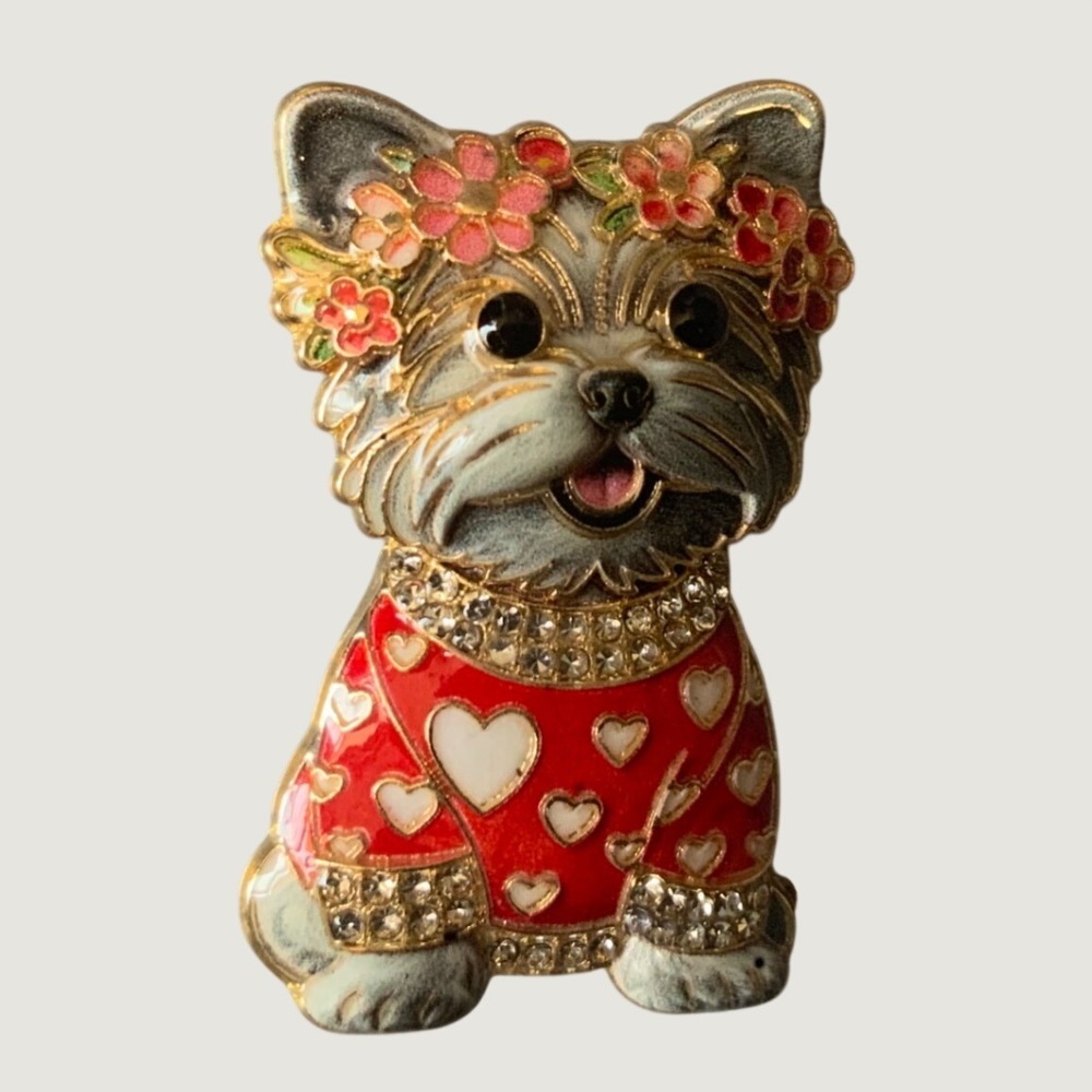 Yorkshire Terrier Dog Brooch Pin Enamel Rhinestone Heart Flower Crown Yorky